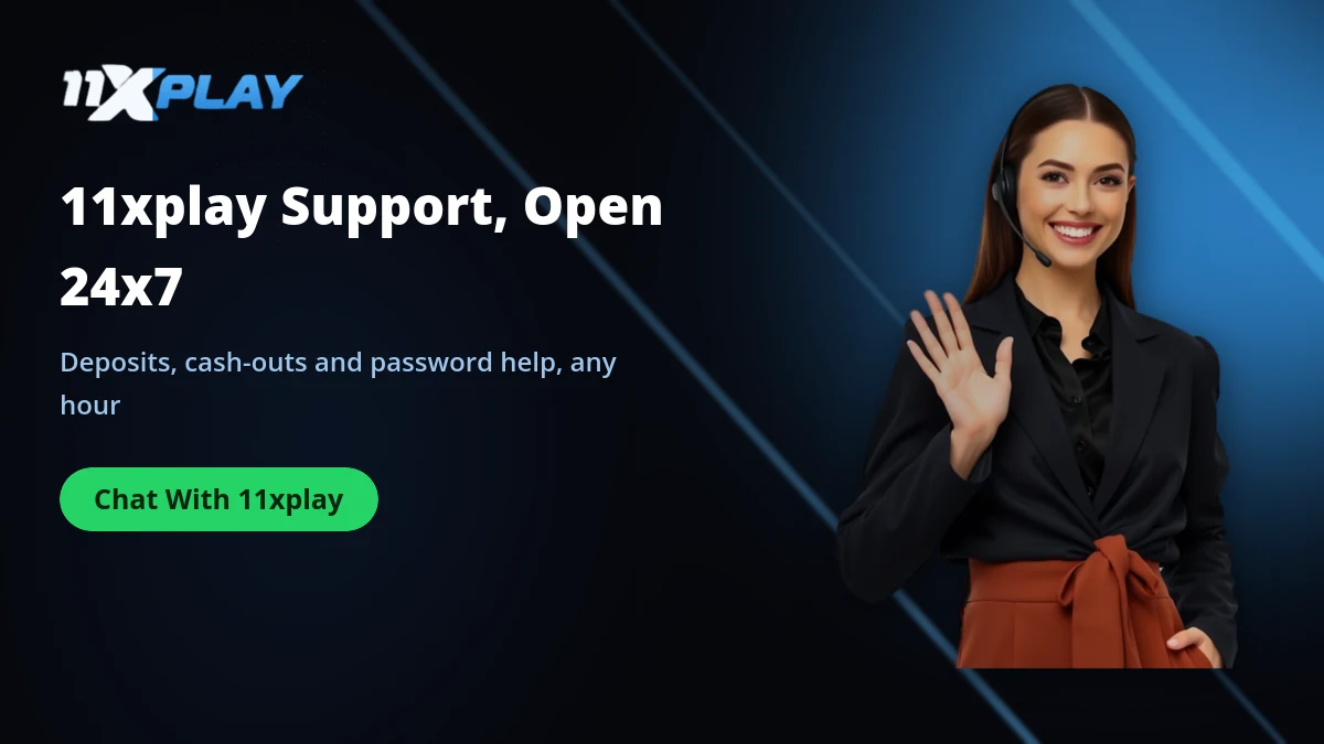 11xplay support desk banner showing 24x7 help for Indian players